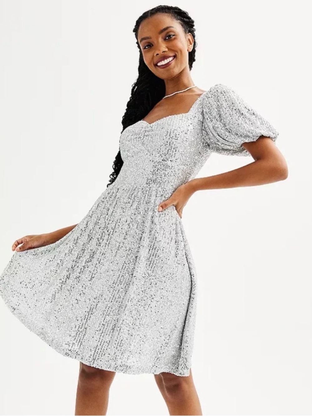 SO Silver Sequin Puff-Sleeve Mini Dress - Picture 1 of 7